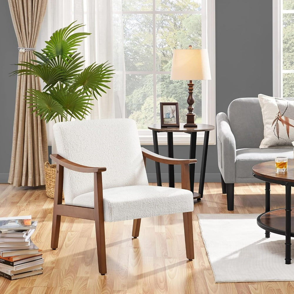 Armchair staged in a bright living room beside a gray couch