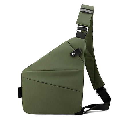 Army green waterproof men's chest bag with crossbody strap shown on white background