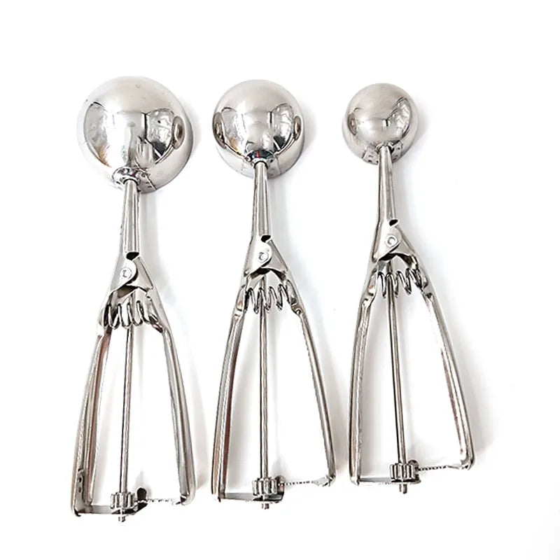 Rear view of three stainless steel scoops in small, medium, and large, displaying trigger handle and gear-driven mechanism.