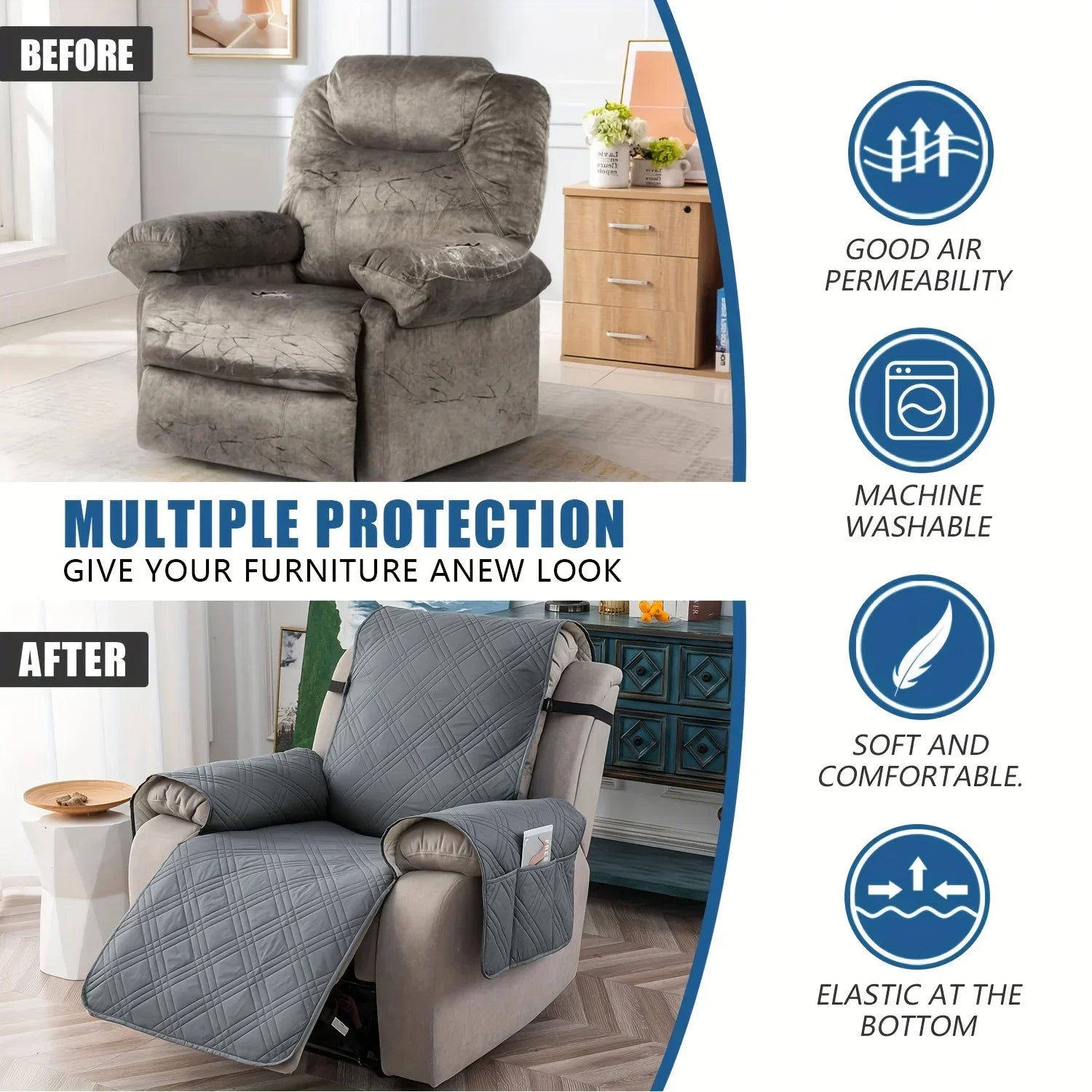 comparison of a worn recliner before and the same chair after with a gray quilted cover installed; icons show breathability and machine washability