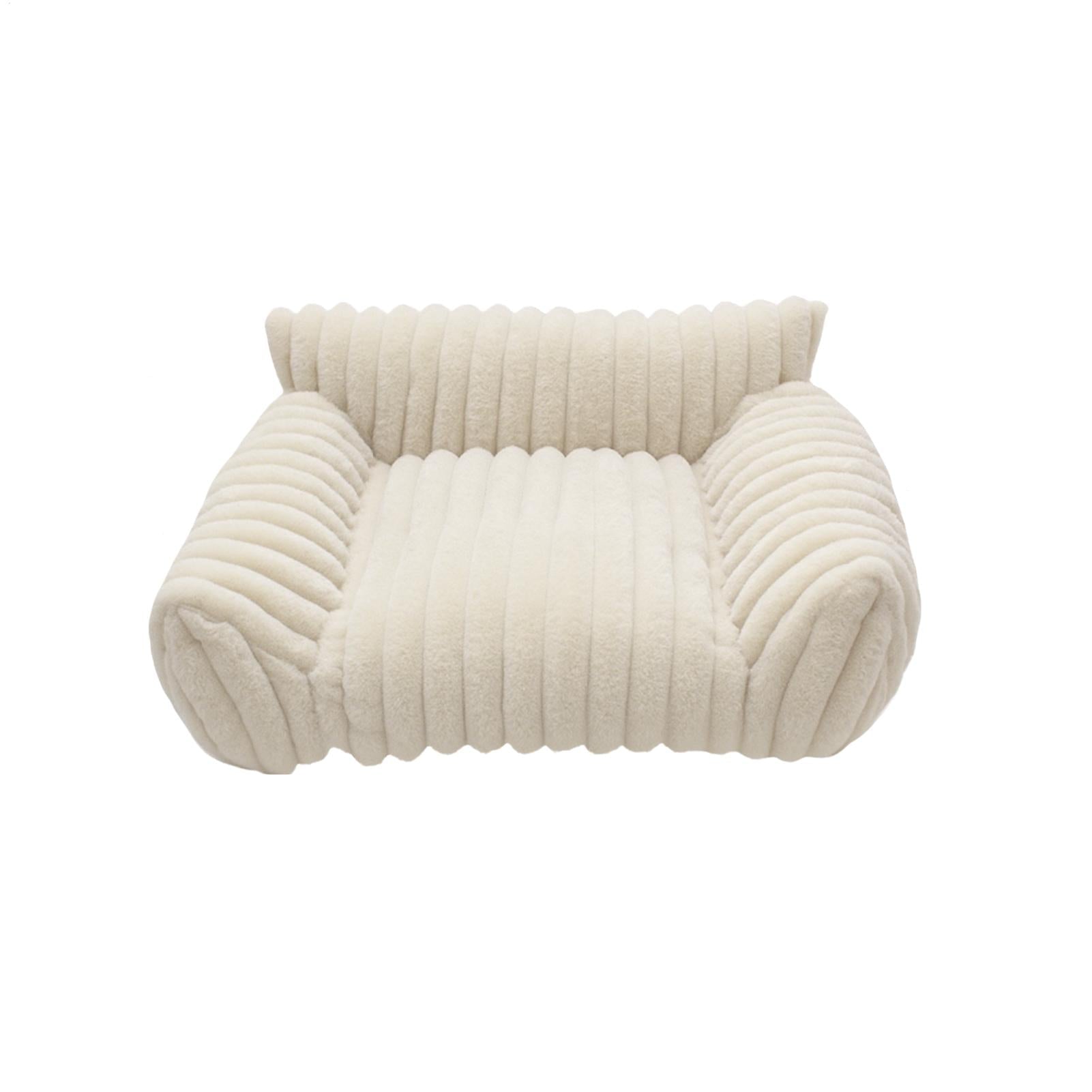 Beige textured armchair shaped pet bed on a white background