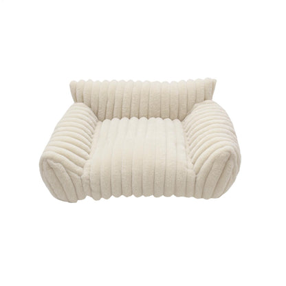 Beige textured armchair shaped pet bed on a white background