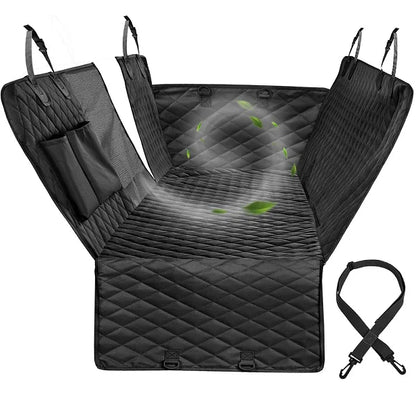 Black quilted waterproof dog car seat cover in hammock mode with storage pockets.
