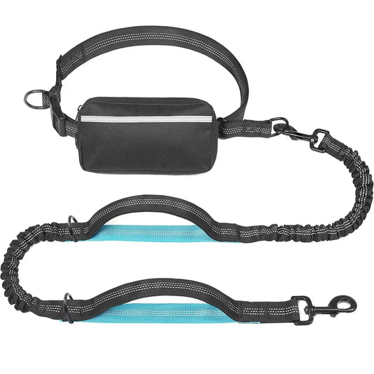 Black hands-free dog leash with elastic bungee and waist attachment