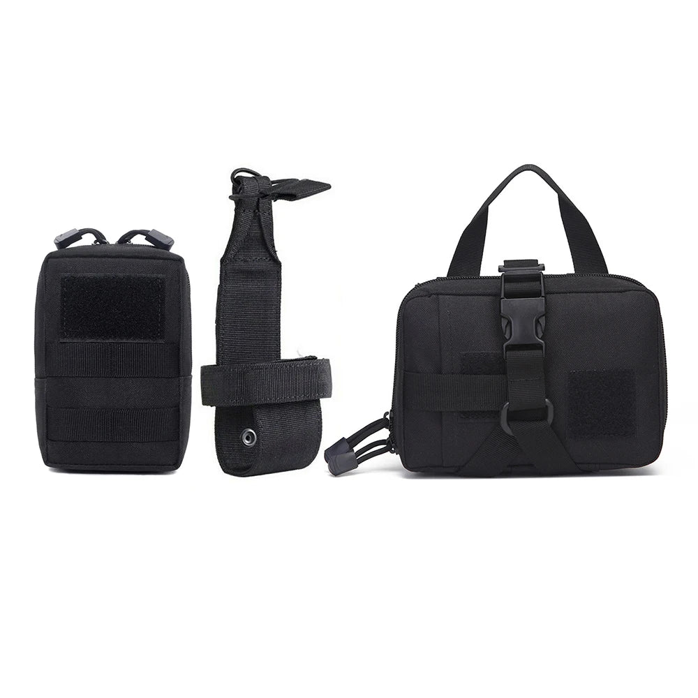 Black MOLLE tactical pouch set designed for dog harnesses, includes three attachment bags.