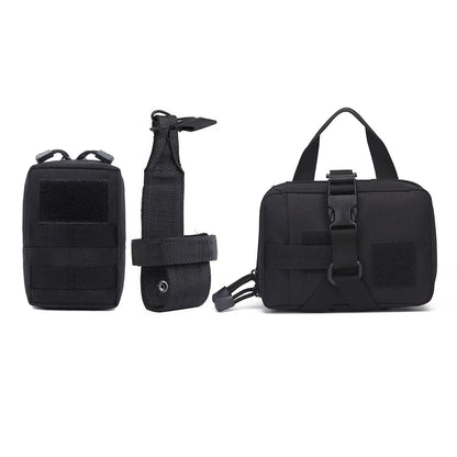Black MOLLE tactical pouch set designed for dog harnesses, includes three attachment bags.