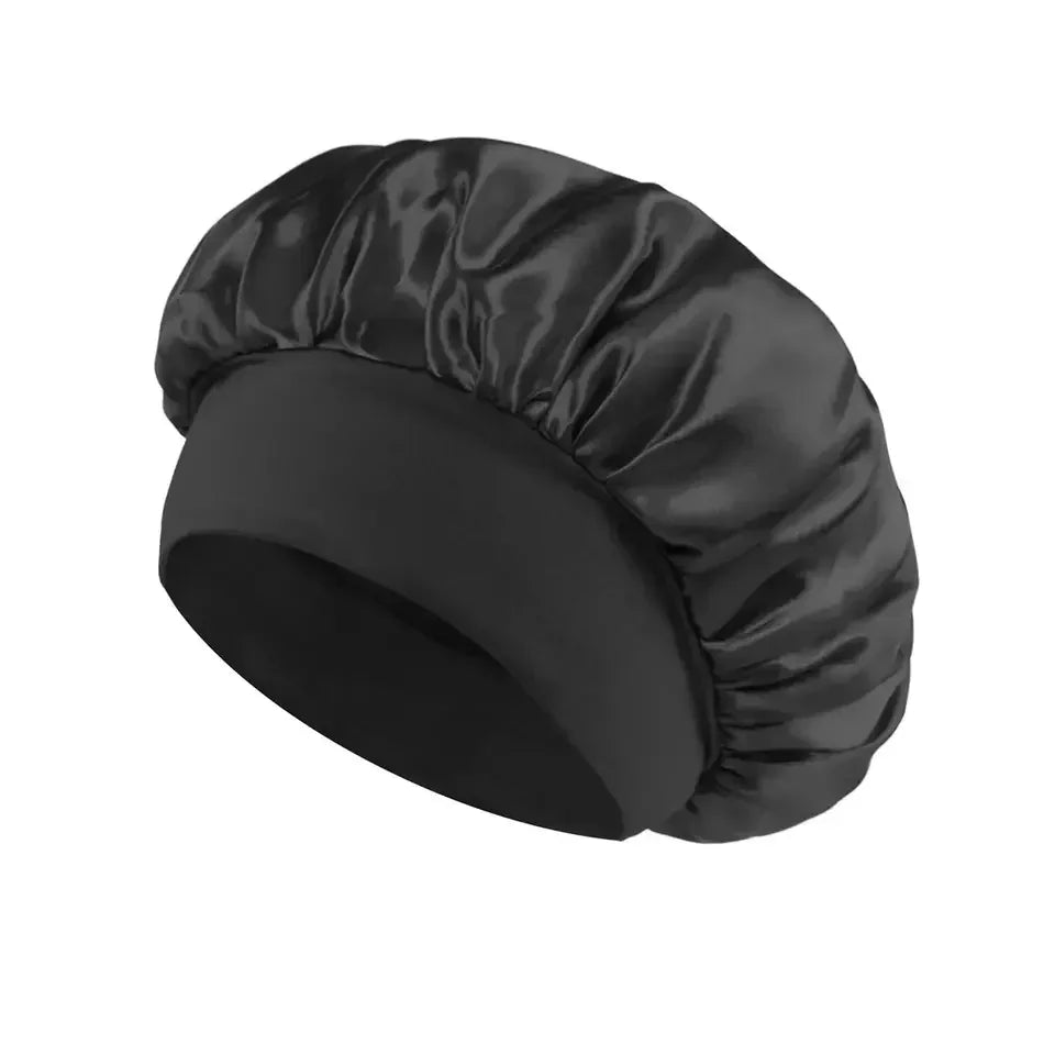 Classic black satin bonnet for protecting all hair types on white background 