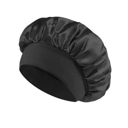 Classic black satin bonnet for protecting all hair types on white background 