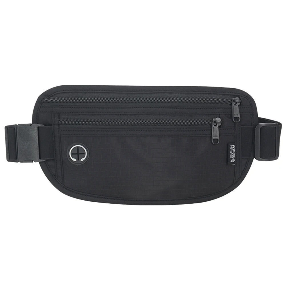 Front view of a black travel waist pack featuring two zippered compartments and a circular headphone outlet, displayed against a white background.