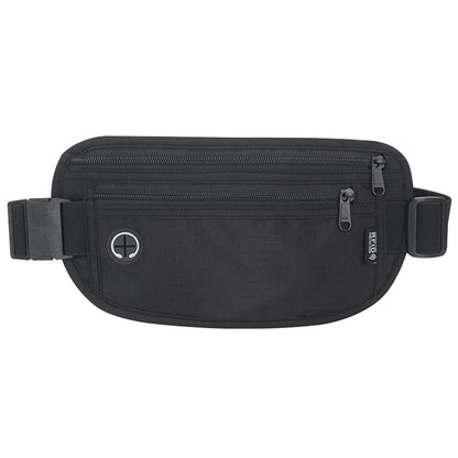 Front view of a black travel waist pack featuring two zippered compartments and a circular headphone outlet, displayed against a white background.
