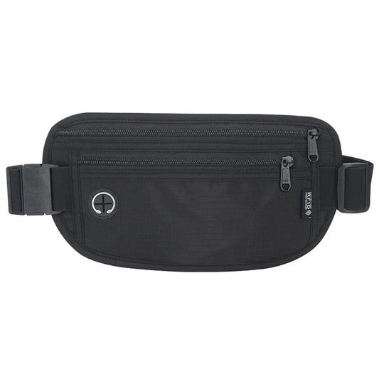 Front view of a black travel waist pack featuring two zippered compartments and a circular headphone outlet, displayed against a white background.