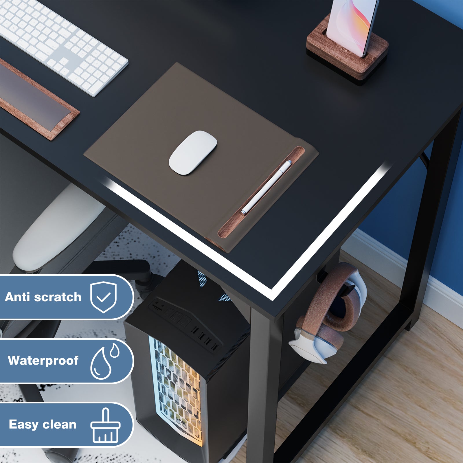 Black desk with office items including a keyboard, mouse, and phone. highlighting on the Bottom left corner  the Features of anti scratch, waterproof, easy to clean.