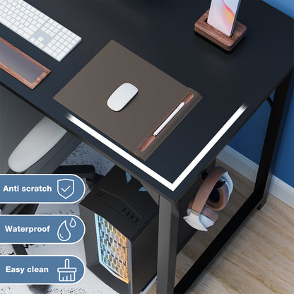 Black desk with office items including a keyboard, mouse, and phone. highlighting on the Bottom left corner  the Features of anti scratch, waterproof, easy to clean.