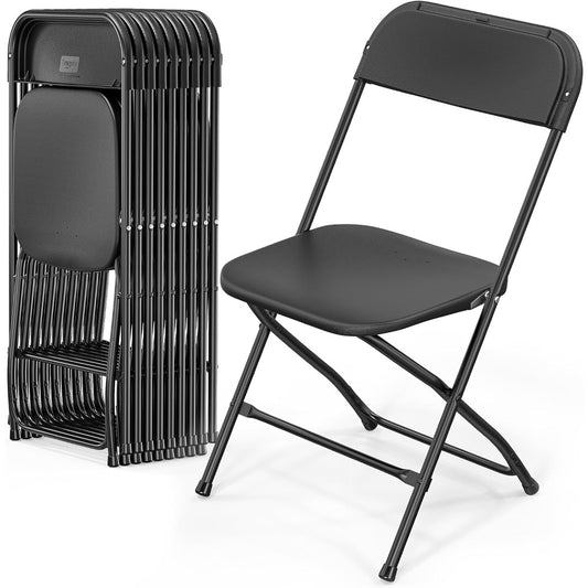 Black plastic folding chair set of 10 with one chair unfolded