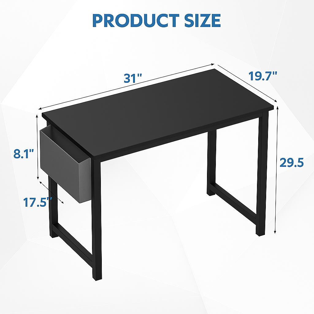 Black rectangular computer desk with gray fabric side pocket, displaying product dimensions: 31 inches wide, 19.7 inches deep, and 29.5 inches tall. Set against a white geometric background with blue measurement labels.