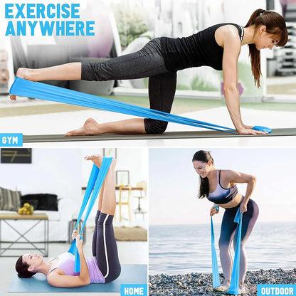 A split-screen collage of three women using a blue resistance band in different environments: the top panel shows a woman stretching the band with one leg extended while on hands and knees on a yoga mat at the gym; the bottom-left panel features a woman lying on her back at home with the band looped around her feet; and the bottom-right panel displays a woman using the band while exercising on a rocky beach, showing the product's versatility.