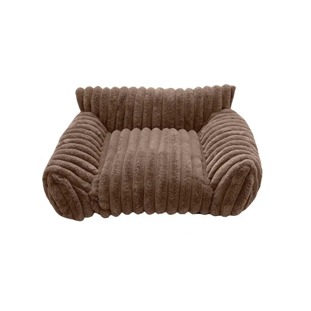 Brown textured armchair shaped pet bed on a white background