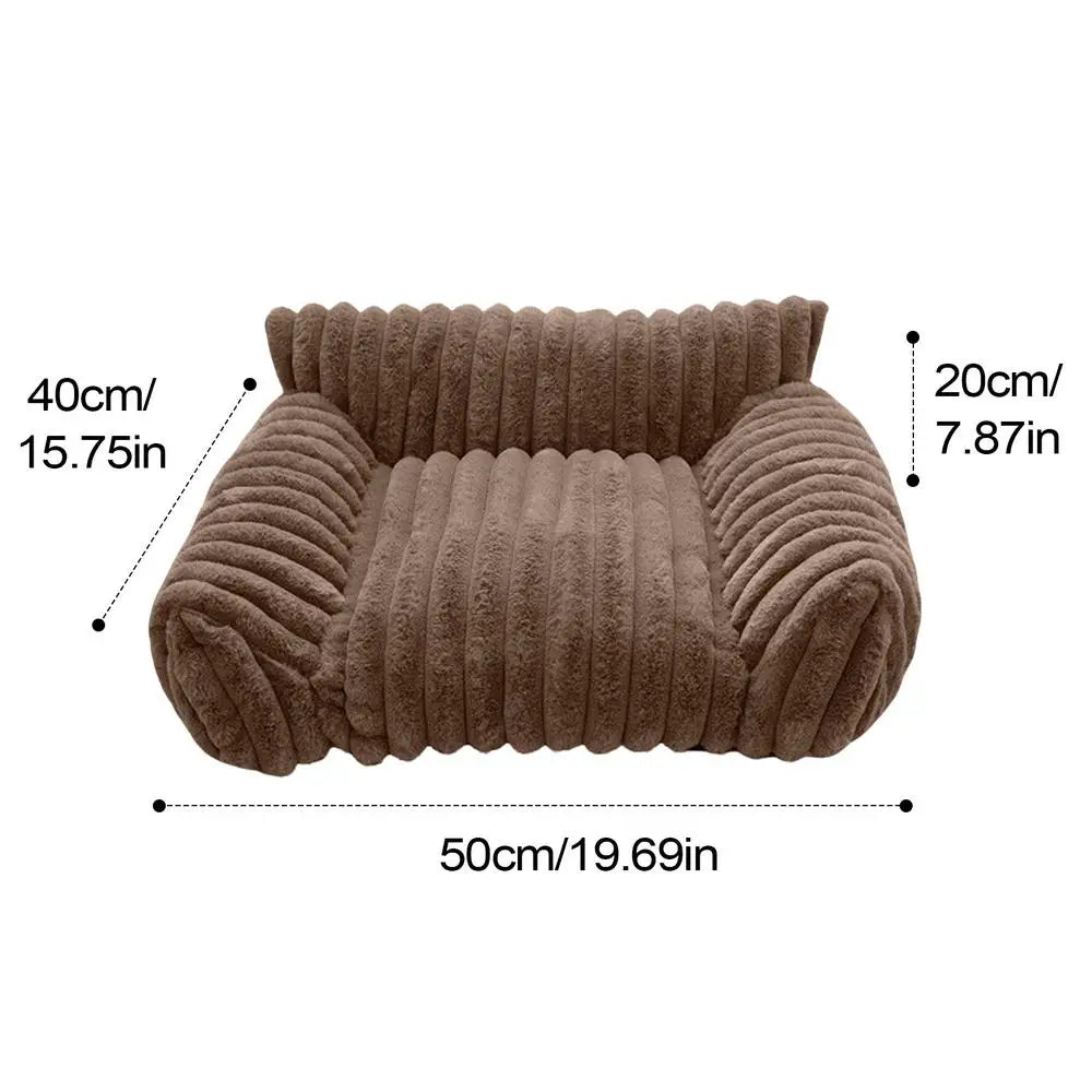 Brown textured pet bed with dimensions labeled on a white background