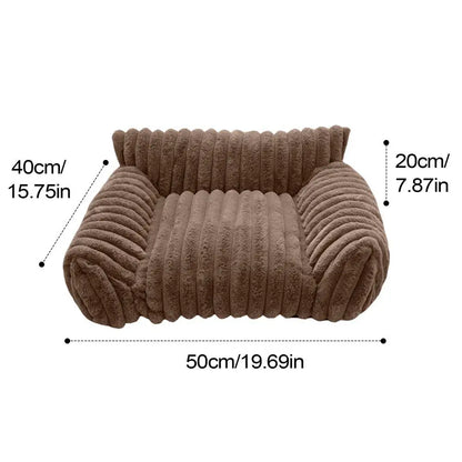 Brown textured pet bed with dimensions labeled on a white background