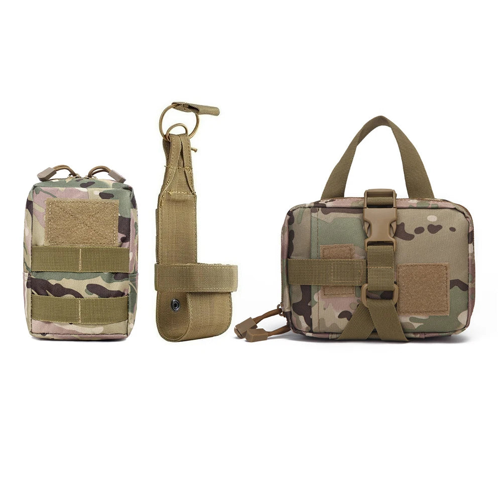 Camouflage MOLLE pouch set including utility pouch, bottle holder, and first aid bag for dog harness use.