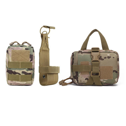 Camouflage MOLLE pouch set including utility pouch, bottle holder, and first aid bag for dog harness use.