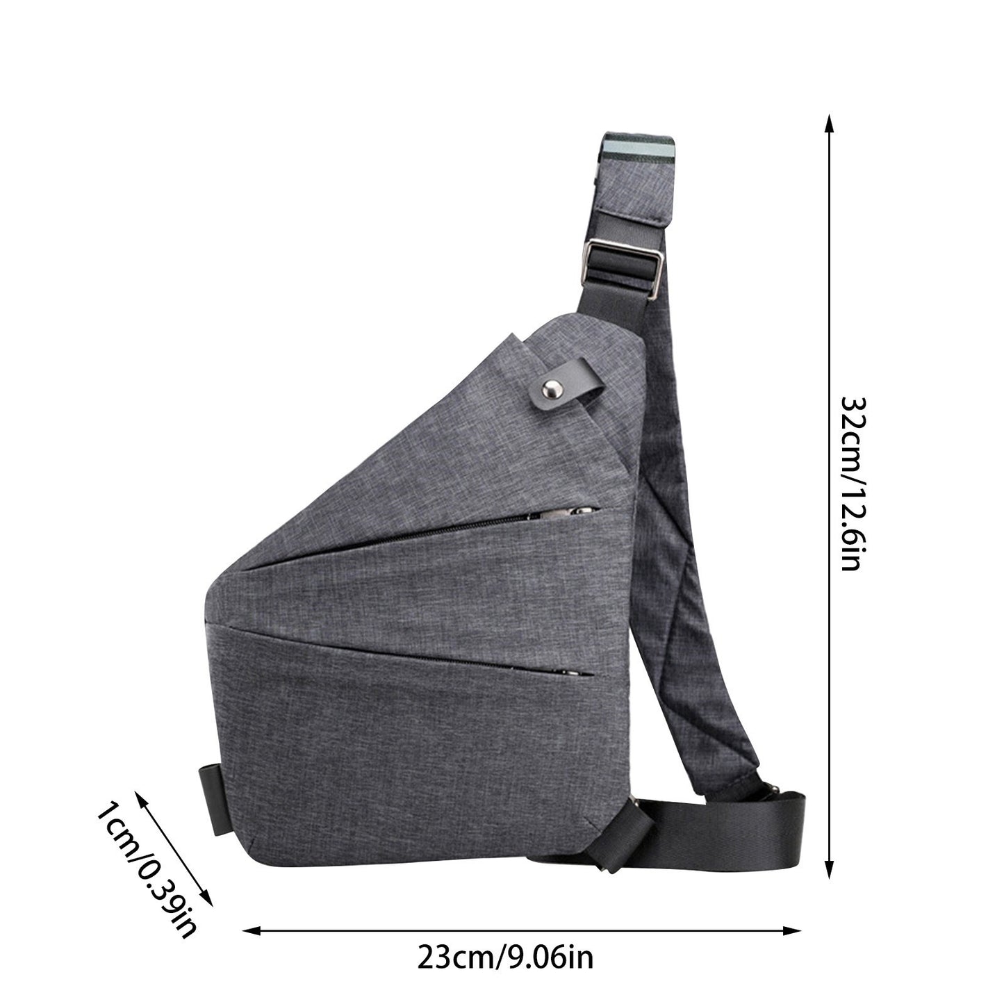 Grey sling chest bag shown with dimensions labeled in cm and inches