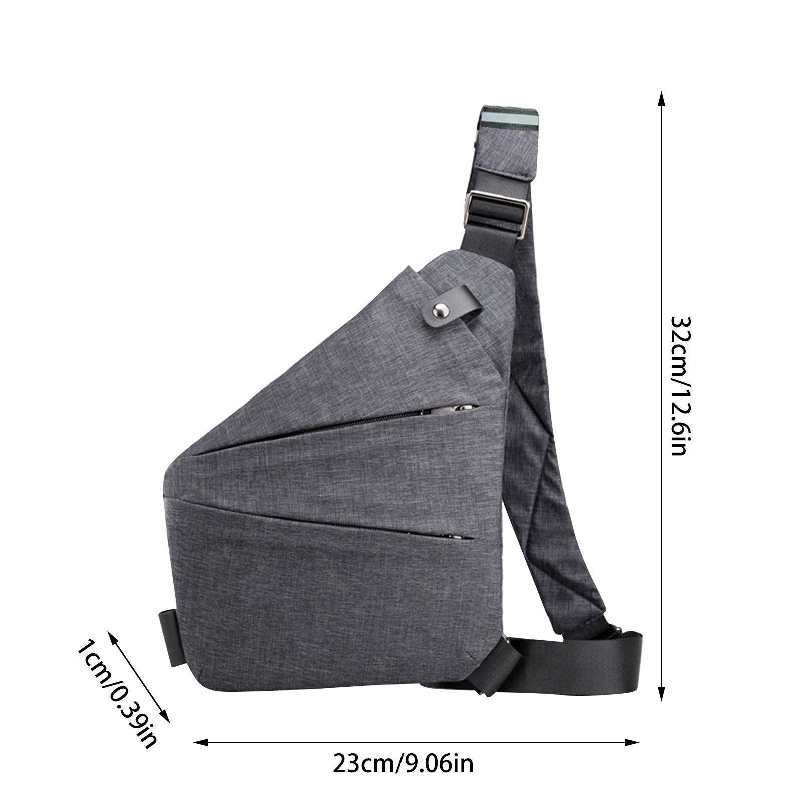 Grey sling chest bag shown with dimensions labeled in cm and inches