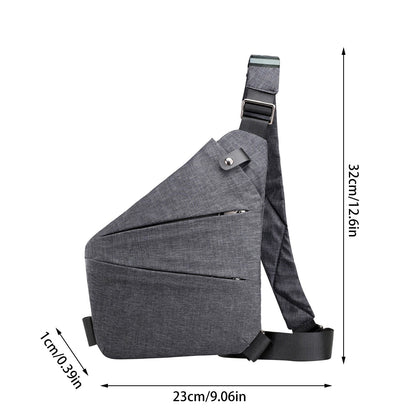 Grey sling chest bag shown with dimensions labeled in cm and inches