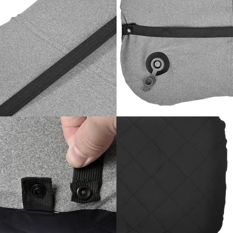 Four-panel collage of close-up shots highlighting key features of the camping pillow: elastic back strap for secure placement, air valve for easy inflation and deflation, durable snap button loop for fastening, and close-up of the soft, quilted, water-resistant Lycra fabric used on the outer layer.