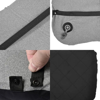 Four-panel collage of close-up shots highlighting key features of the camping pillow: elastic back strap for secure placement, air valve for easy inflation and deflation, durable snap button loop for fastening, and close-up of the soft, quilted, water-resistant Lycra fabric used on the outer layer.