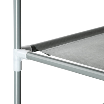 Close-up view of gray non-woven fabric shelf on the 3-tier shoe rack showing fabric texture and corner connection details.