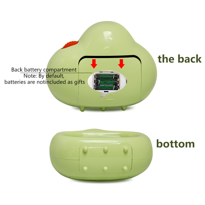 Two views of the green timer: one showing the back panel with an open battery compartment (marked with red arrows) and one showing the bottom surface with six small non-slip pads. Text on the image notes that batteries are not included by default.