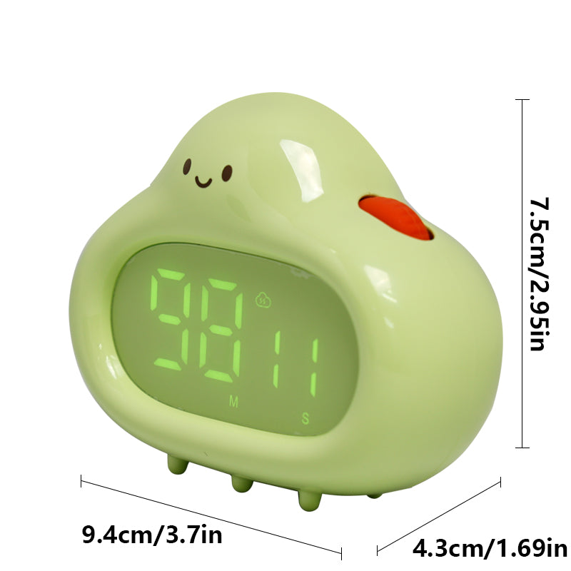 A close-up image of the green cloud timer angled to the right, showing its LED display reading “98:11.” Dimension labels indicate the product size: 9.4cm (3.7in) width, 7.5cm (2.95in) height, and 4.3cm (1.69in) depth. A red dial is visible on top, used for setting the timer.