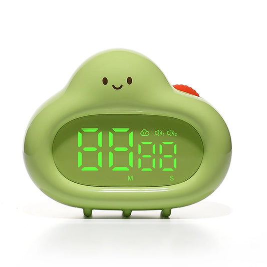 A standalone front-facing view of the green cloud timer with its LED display showing “88:88.” The timer has a smooth matte surface, a smiling face design, and a red dial on the side. The digital screen glows with a cool blue hue.