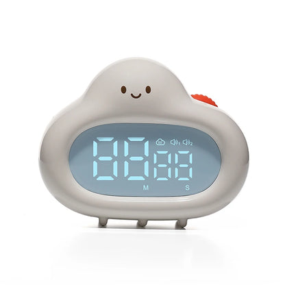 A standalone front-facing view of the white cloud timer with its LED display showing “88:88.” The timer has a smooth matte surface, a smiling face design, and a red dial on the side. The digital screen glows with a cool blue hue.