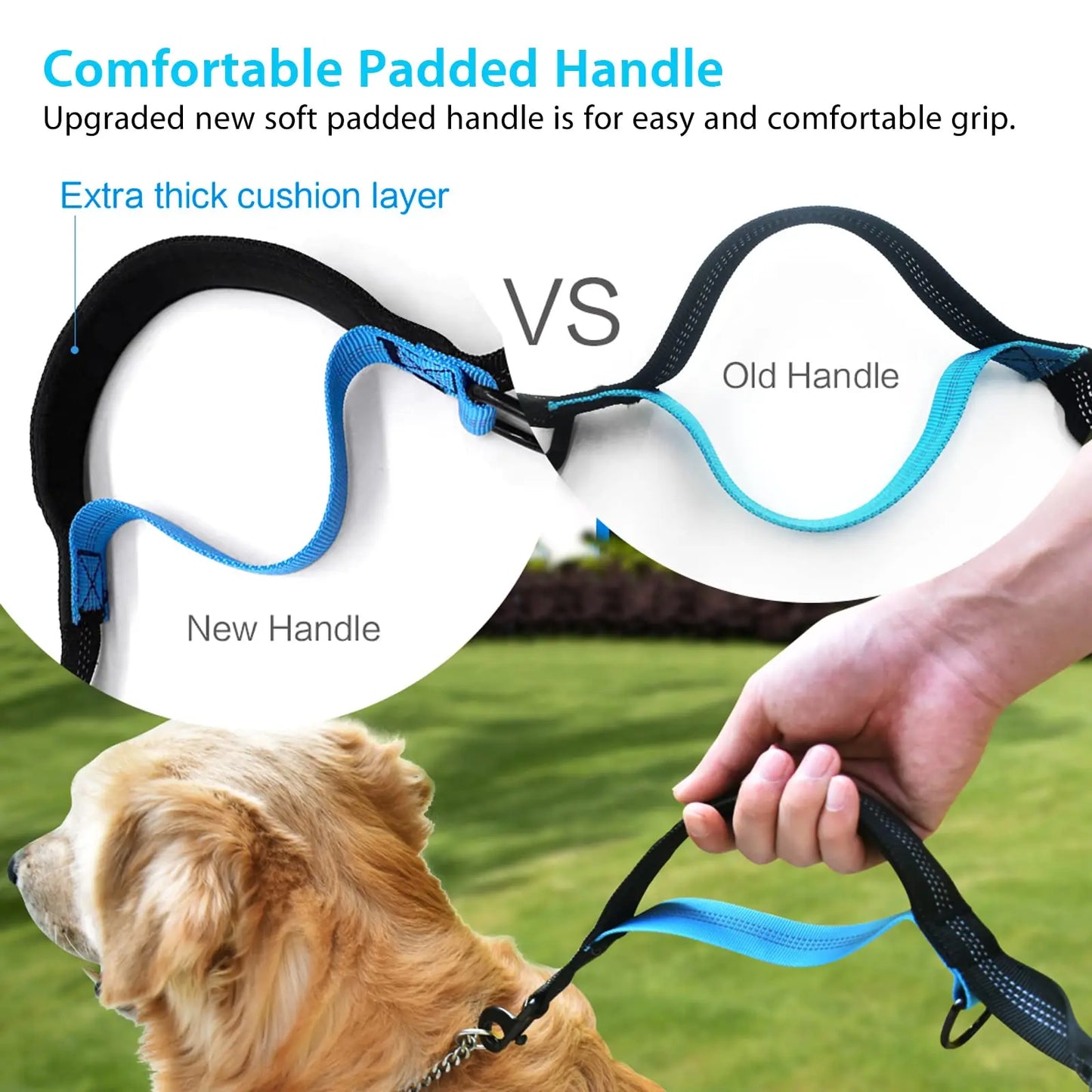 Comparison of new and old dog leash handles with extra padded comfort