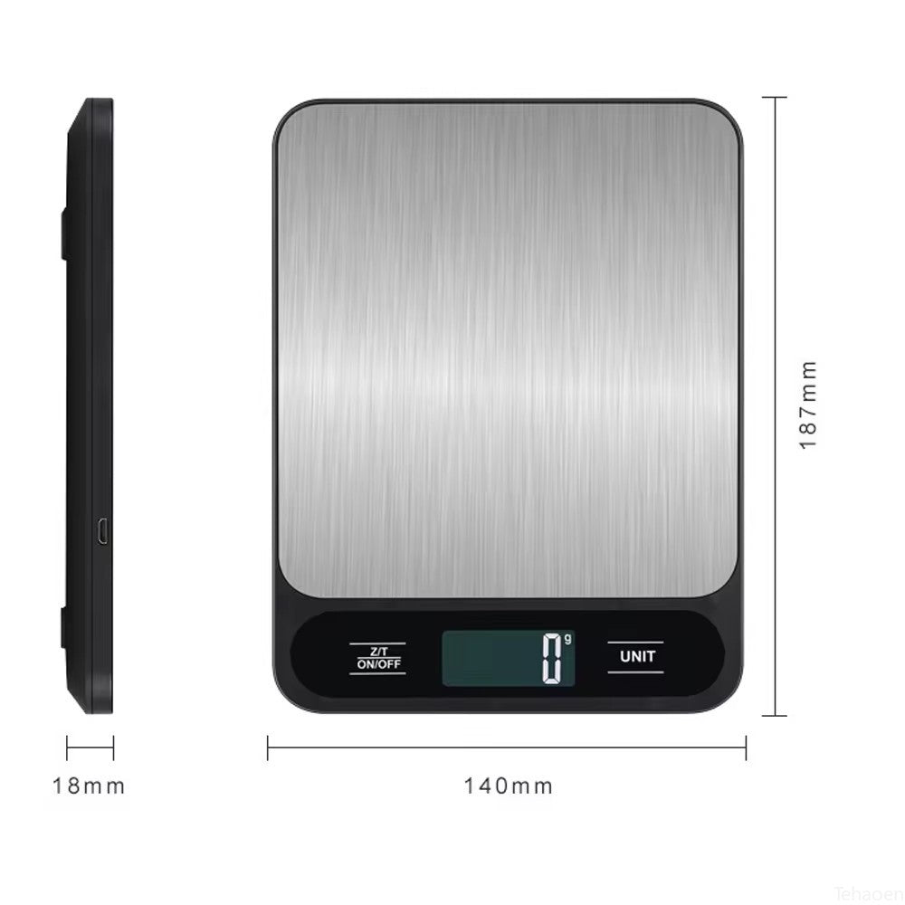Size diagram showing 187×140×18 mm dimensions of digital kitchen scale.