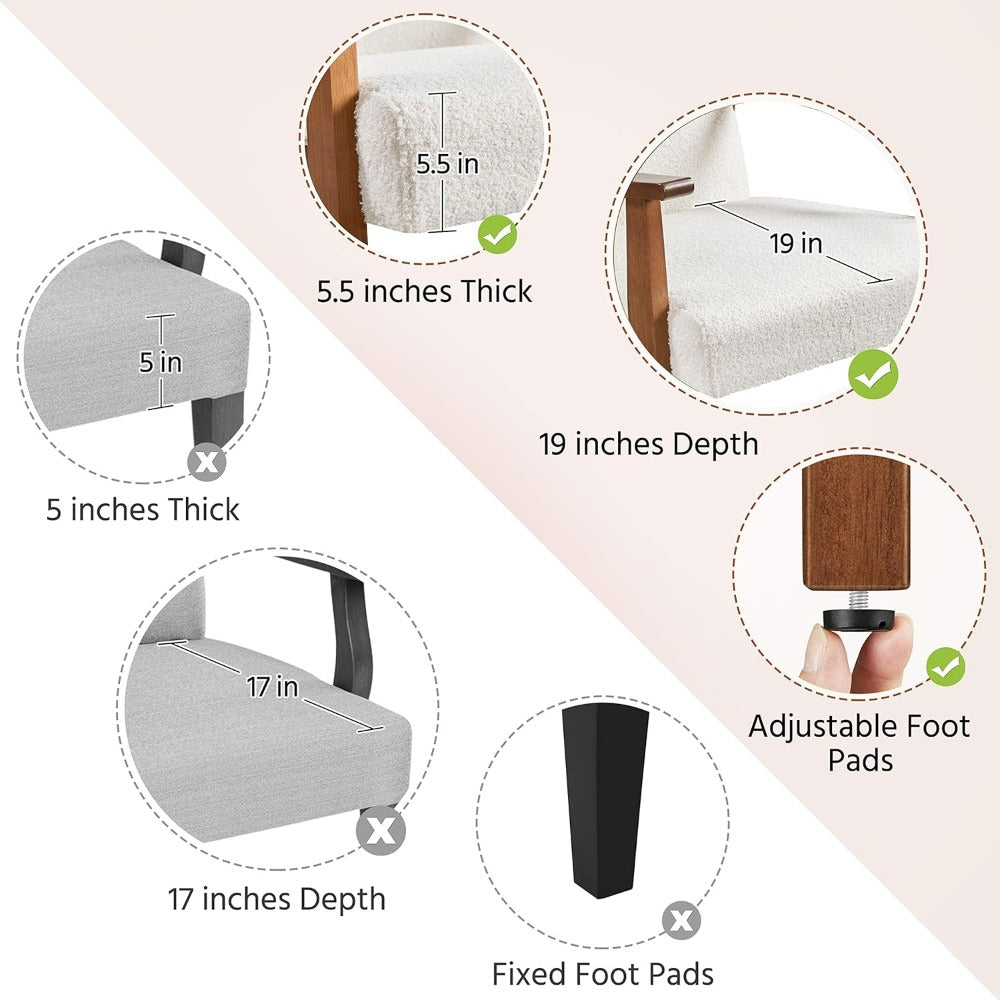 Comparison graphic showing 5.5" thick cushion and 19" seat depth