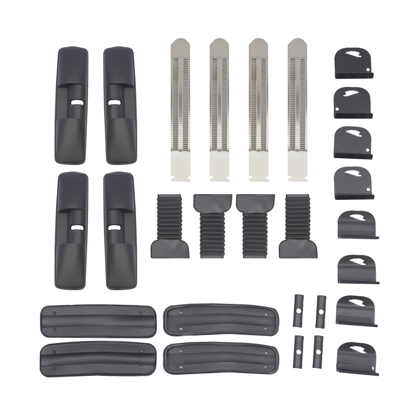 flat-lay of roof rack components: four clamp housings, four stainless tension straps, rubber sleeves and base pads, end caps and spacers for installing a pair of cross bars