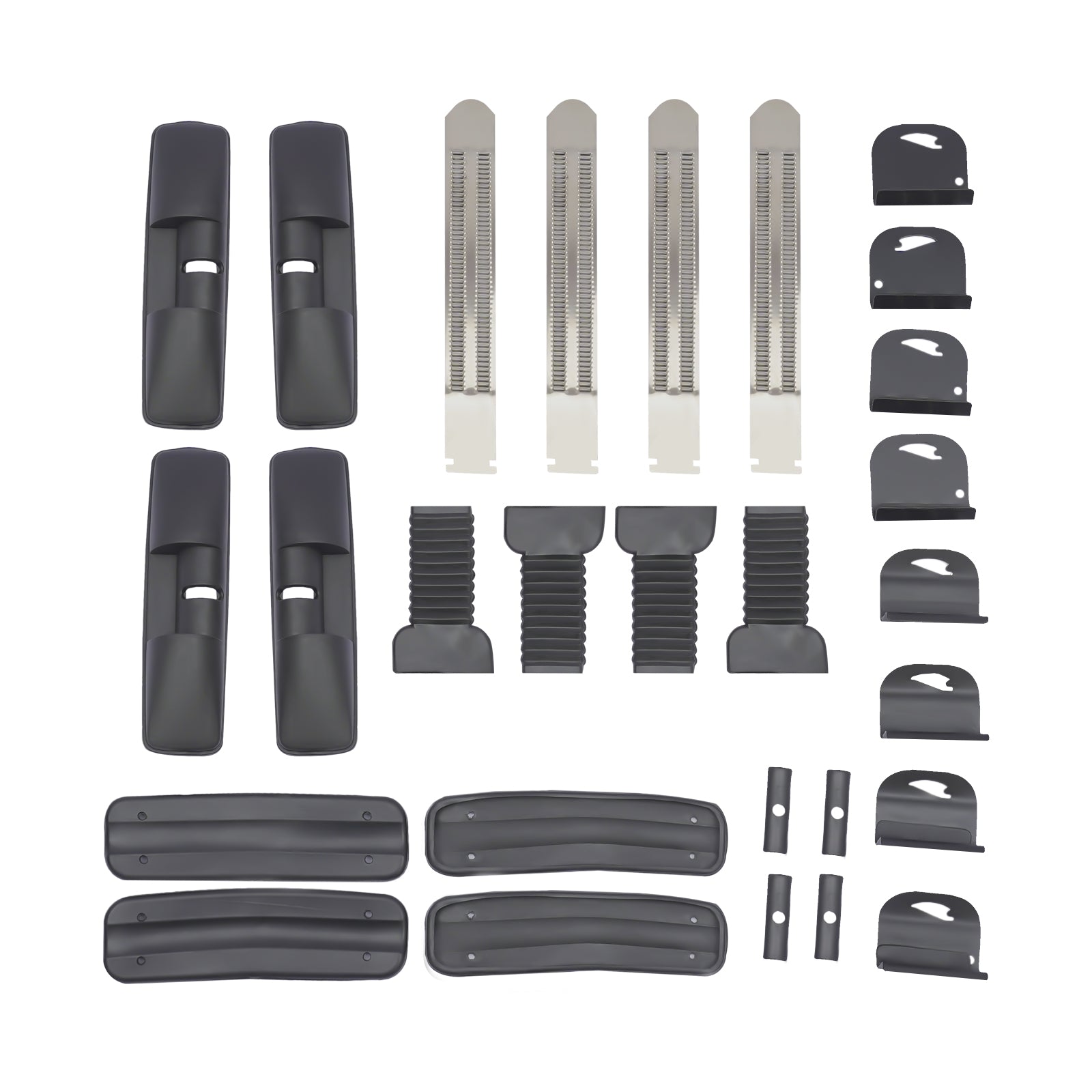 flat-lay of roof rack components: four clamp housings, four stainless tension straps, rubber sleeves and base pads, end caps and spacers for installing a pair of cross bars