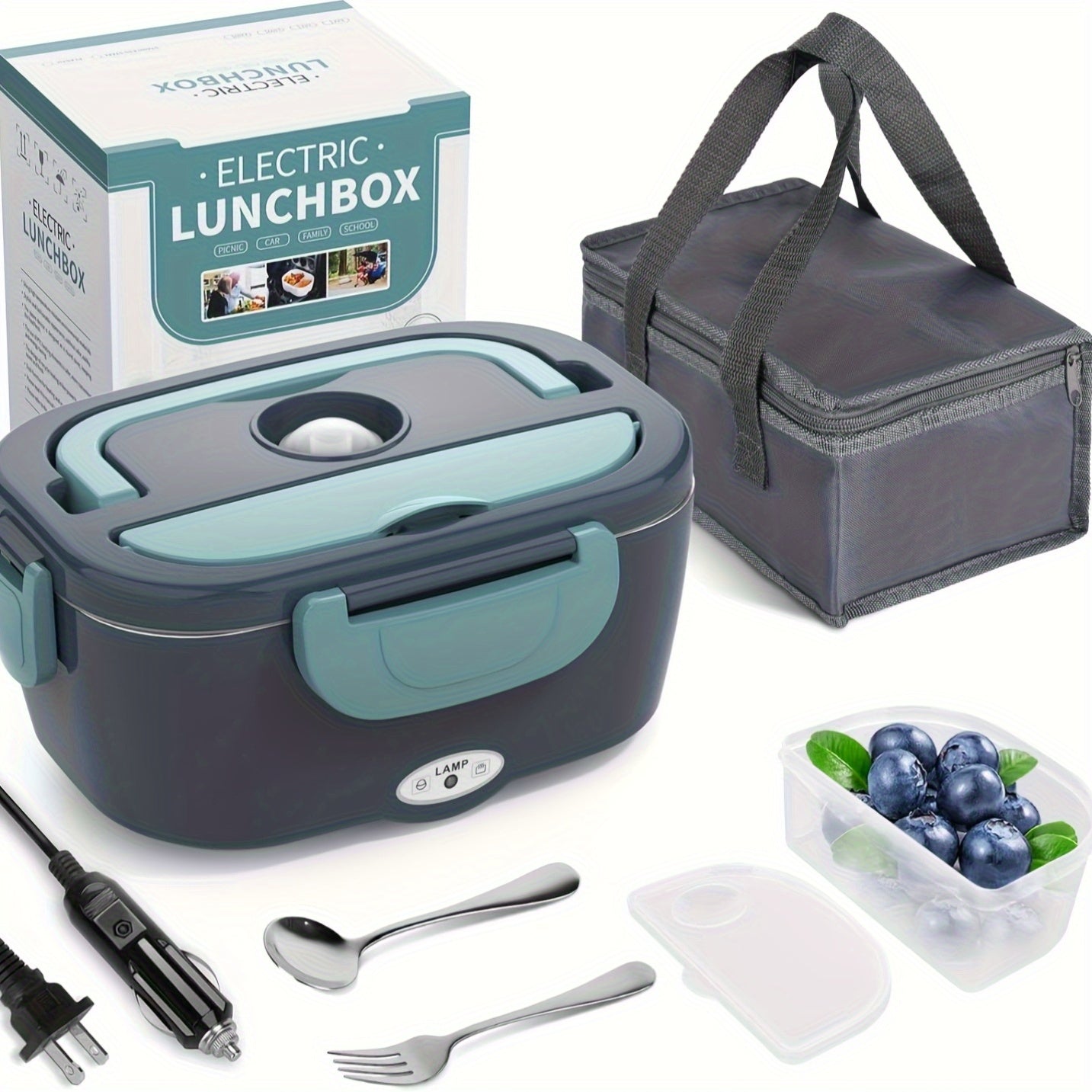 electric lunch box with retail box, insulated bag, car and home/office power cords, fork, spoon, and small fruit container.
