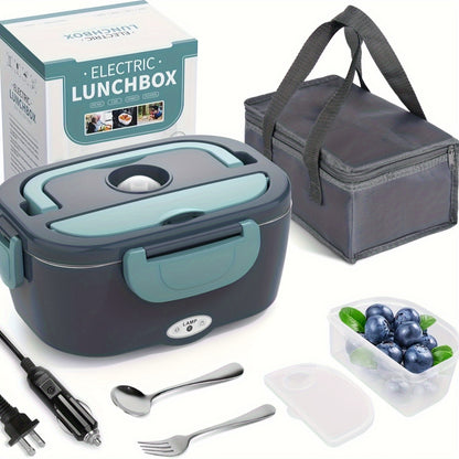 electric lunch box with retail box, insulated bag, car and home/office power cords, fork, spoon, and small fruit container.