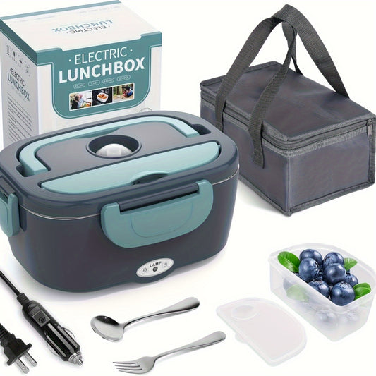electric lunch box with retail box, insulated bag, car and home/office power cords, fork, spoon, and small fruit container.