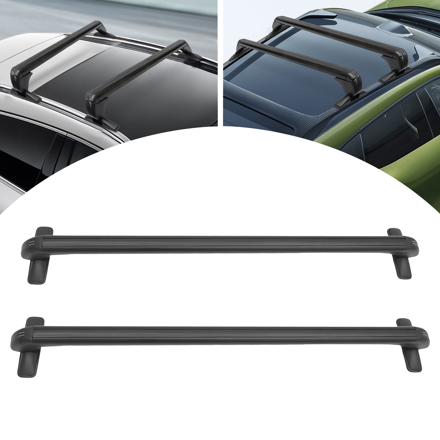 split image showing cross bars mounted on two vehicles above and a pair of black aluminum bars below with clamp feet