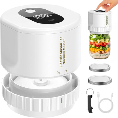 White cordless electric mason jar vacuum sealer kit with sealing caps, rings, cable and opener
