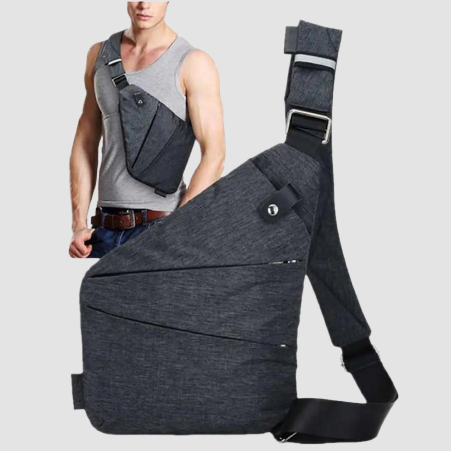 Male model wearing dark grey waterproof chest bag across shoulder in lifestyle setting