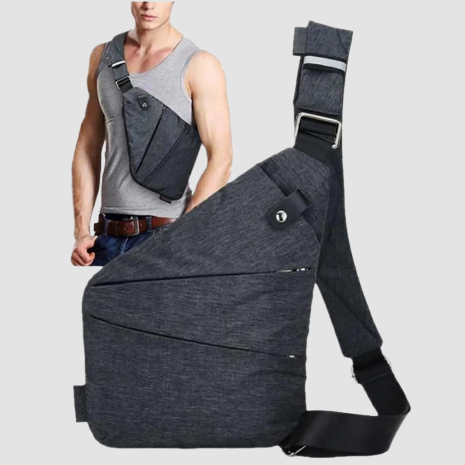 Male model wearing dark grey waterproof chest bag across shoulder in lifestyle setting