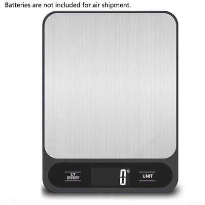 Black digital kitchen scale with stainless steel platform and LCD display.