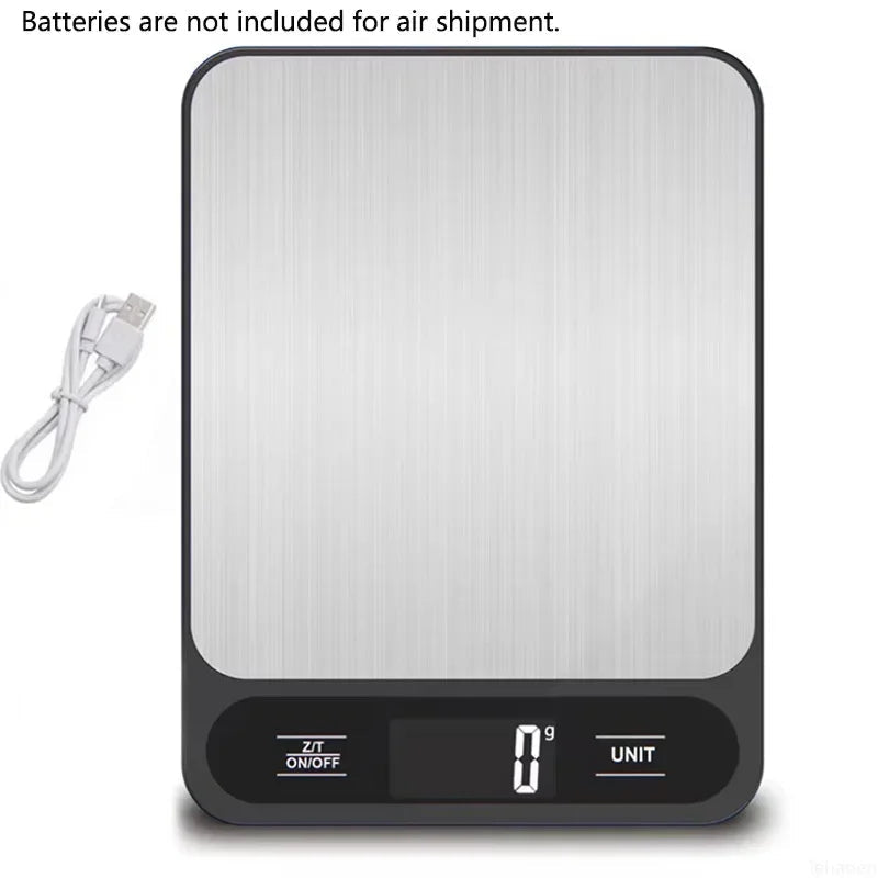 Black USB-rechargeable digital kitchen scale with stainless steel weighing surface.