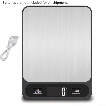 Black USB-rechargeable digital kitchen scale with stainless steel weighing surface.